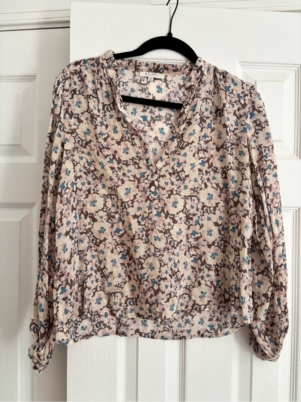 Z Supply Cream Floral V-Neck Blouse with Blue and Brown Accents